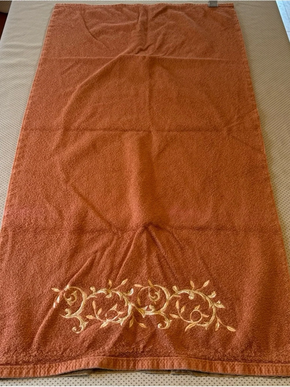 TWO Vintage Avanti Rust Orange‎ Bath Towels with Gold Embroidered Scroll